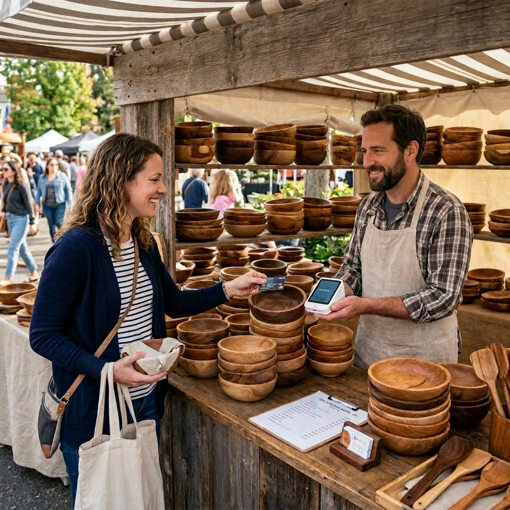 Customer paying for handcrafted wooden bowls at market stall with card reader